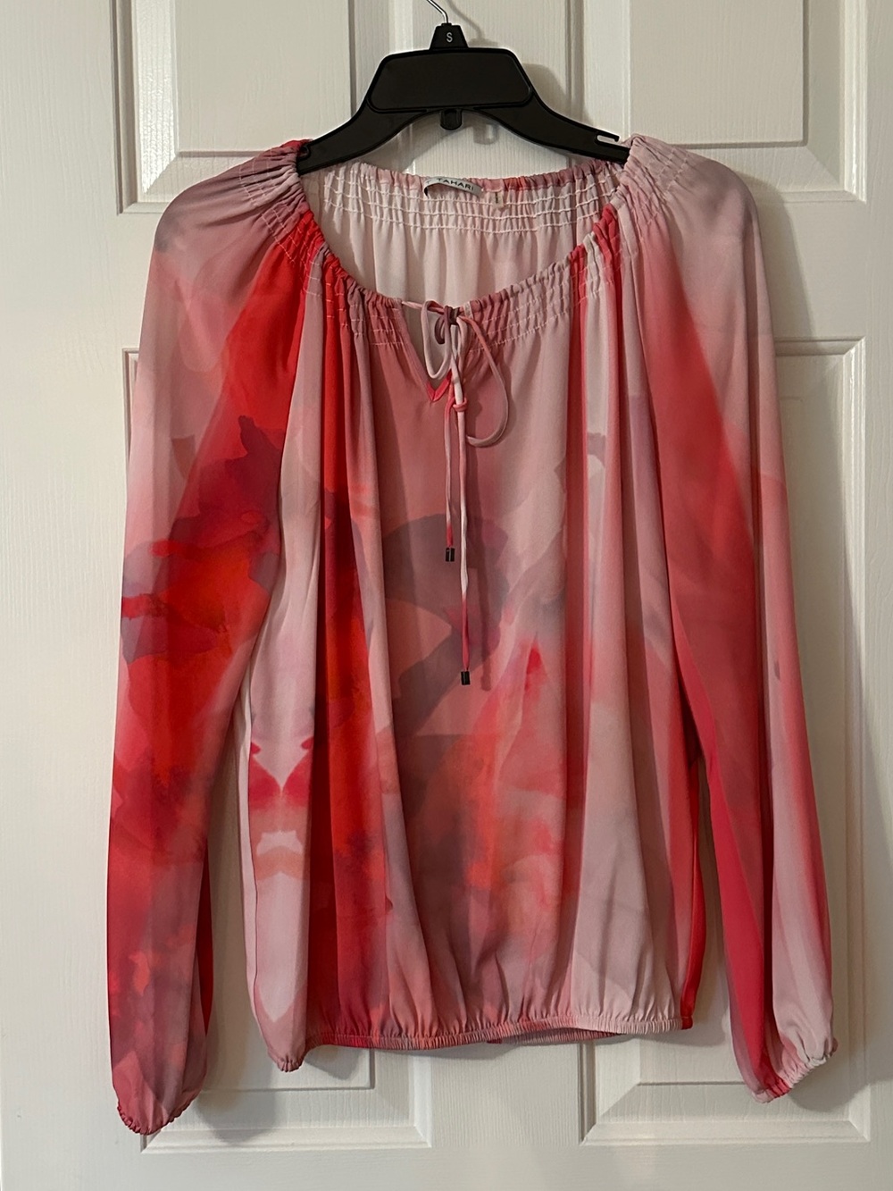 Tahari Pink to Coral Ombre Elastic-Neck Blouse